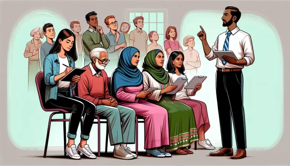 Illustration of diverse group of people learning about voter education