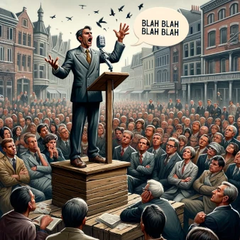 A politician standing on a soapbox, with "Blah Blah Blah" hanging over his head. It captures both the earnestness of the moment and a hint of satire